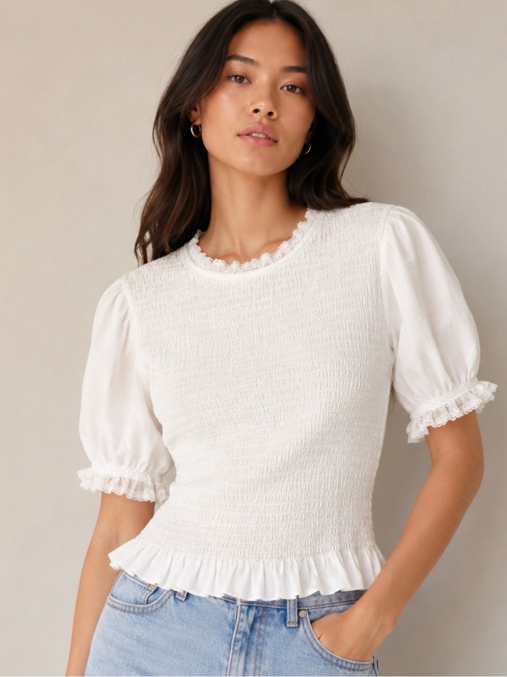 Women’s White Smocked Puff Sleeve Top